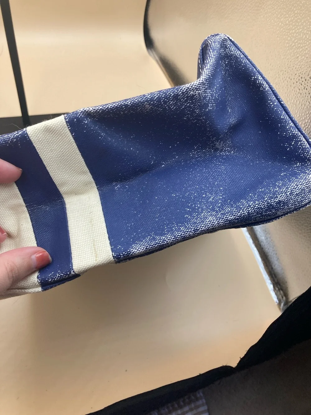 Tory Burch Blue, White and Tan Canvas Tote with Leather Trim